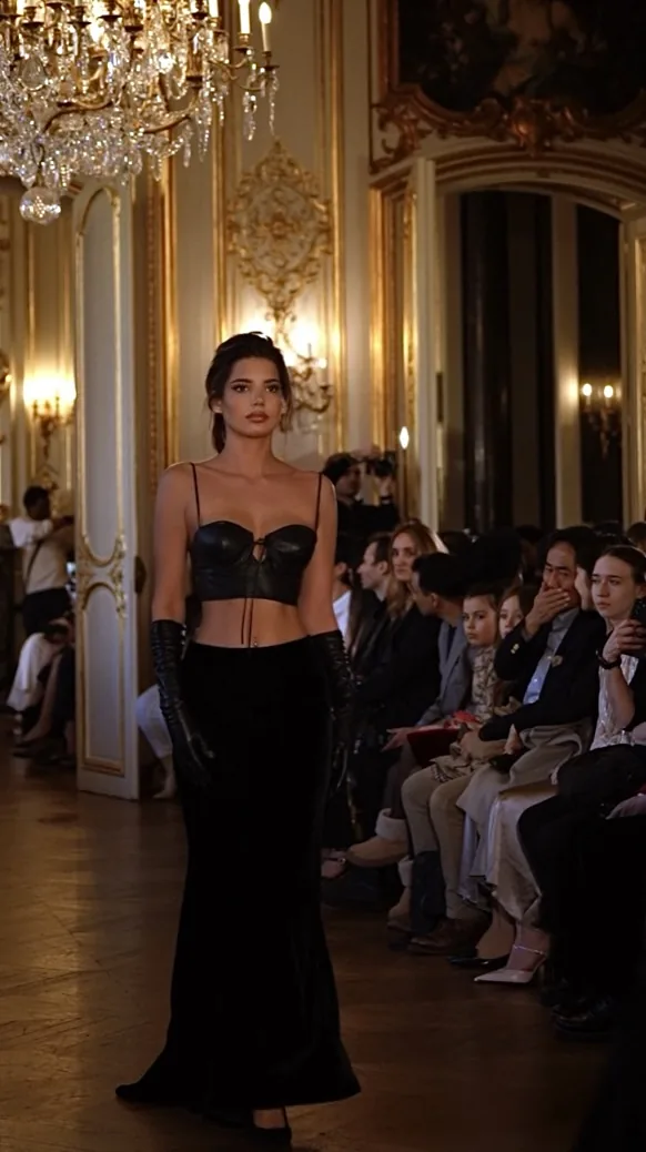 Model walking a runway in a gilded salon under a crystal chandelier, in a black bustier, long black skirt and opera gloves, with guests seated along the walls.